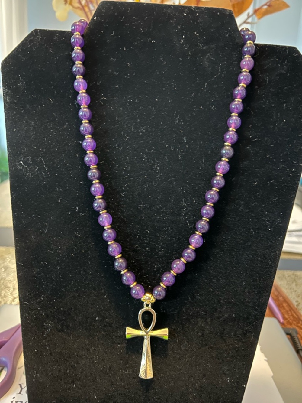 Purple Amethyst Beaded Necklace with Ankh Pendant - Unbranded